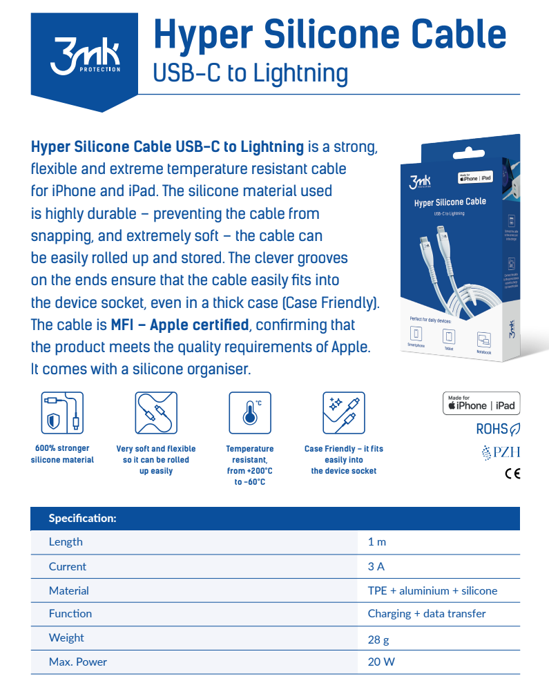 3MK USB-C - Lightning kaapeli, 20W, 1m