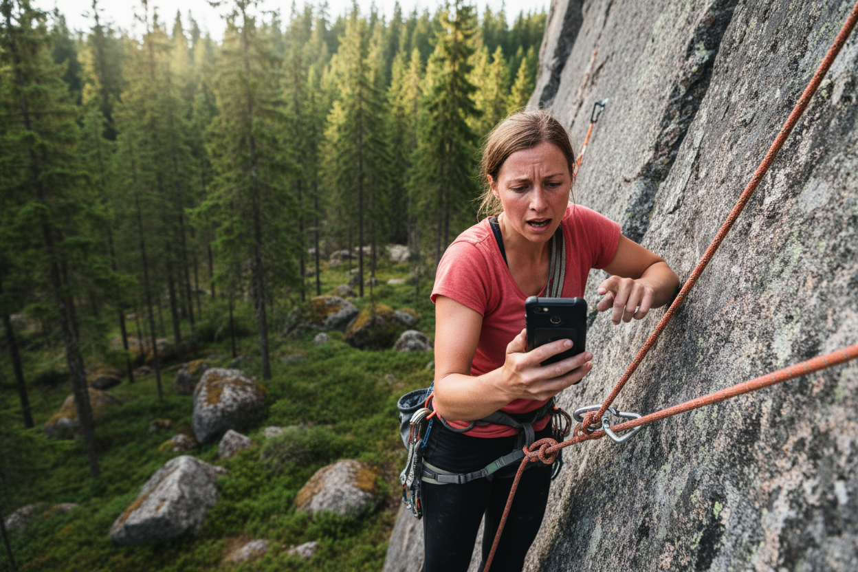 Kalliokiipeilijä suomalaisessa metsässä katsomassa puhelinta hengästyneenä kesken kiipeämisen. Puhelimessa on suojakuoret