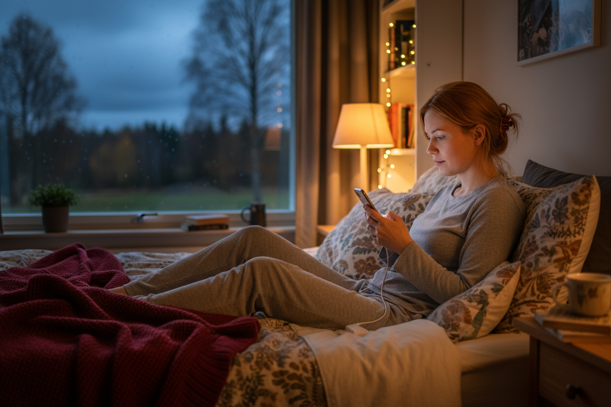 Kaunis suomalainen nainen selaa laturissa olevaa puhelintaan sängyssä yövaatteissa. Ikkunasta näkyy pimeä syysmaisema.