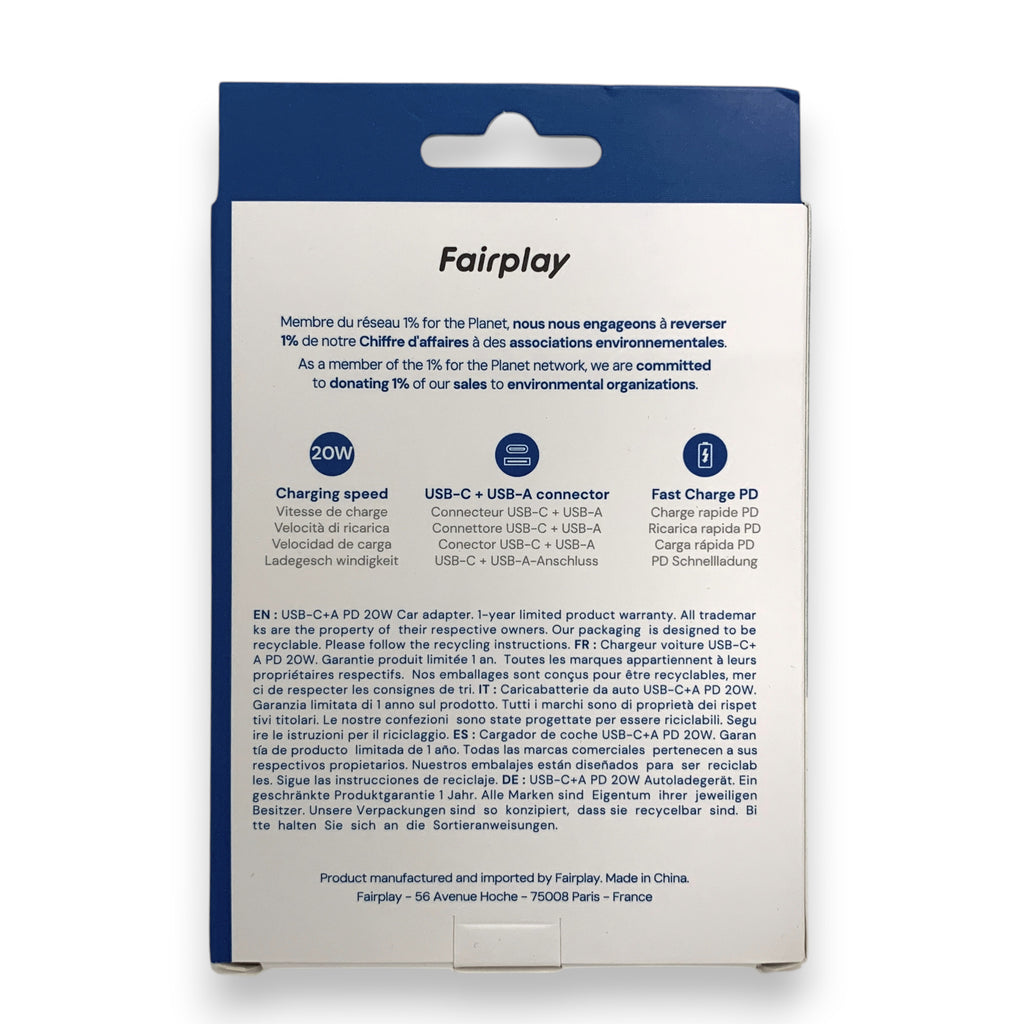 Fairplay autolaturi, 20W, USB-A + USB-C