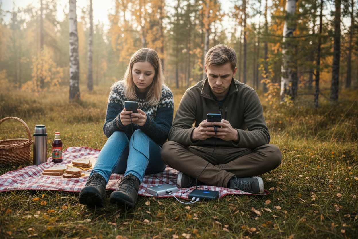 Nuori suomalainen pariskunta piknikillä, mutta molemmat heistä käyttävät puhelimiaan. Puhelimiin on kytkettynä varavirtalähteet.